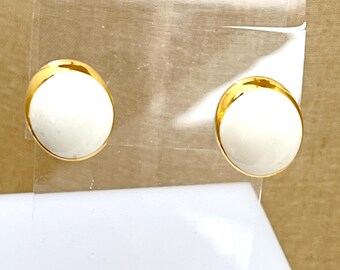 Vintage Pierced Monet Asymmetrical White Enamel Gold Frame Earrings
