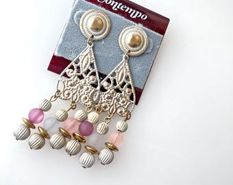 Vintage Pierced Mixed Metal Pink White Chandelier Dangle Earrings