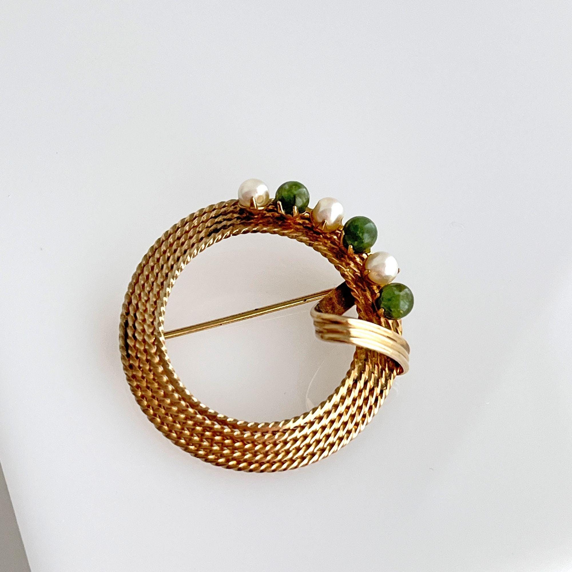 Vintage Winard 12K Gold Filled Pearl Jade Wreath Brooch Pin 1940s