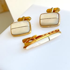 Vintage White MOP Weber Sophisticated 1950s 1960s Rectangle Cufflinks Tie Bar Clip Set
