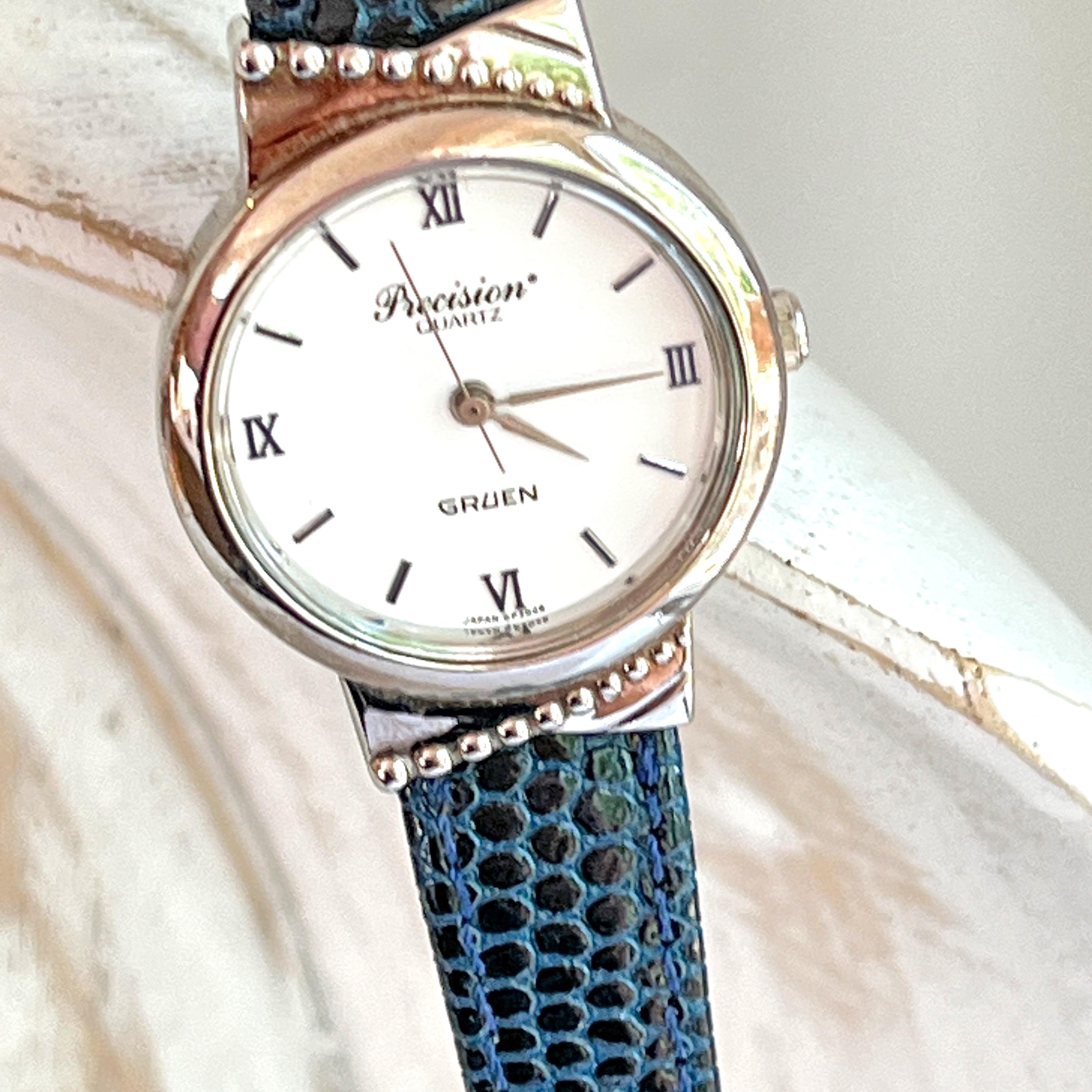 Vintage Precision Gruen Ladies Watch, Navy Blue Leather Band 