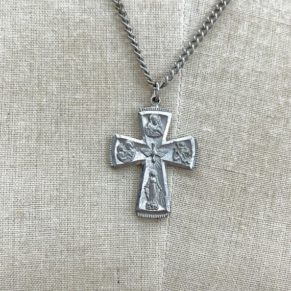 Vintage Silver Tone Catholic Call a Priest Cross Necklace View 5
