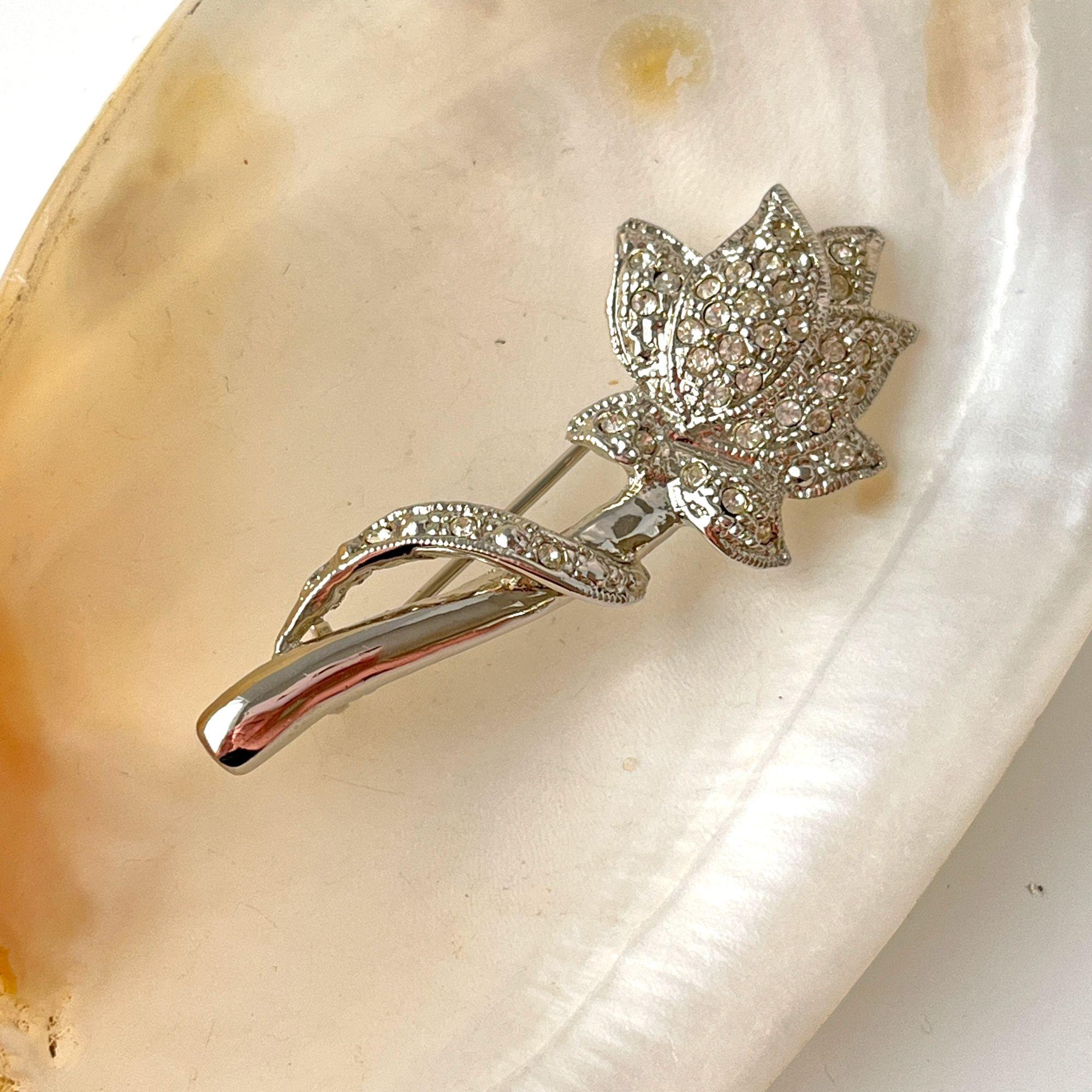 Vintage Silver Tone Rhinestone Floral Brooch Pin