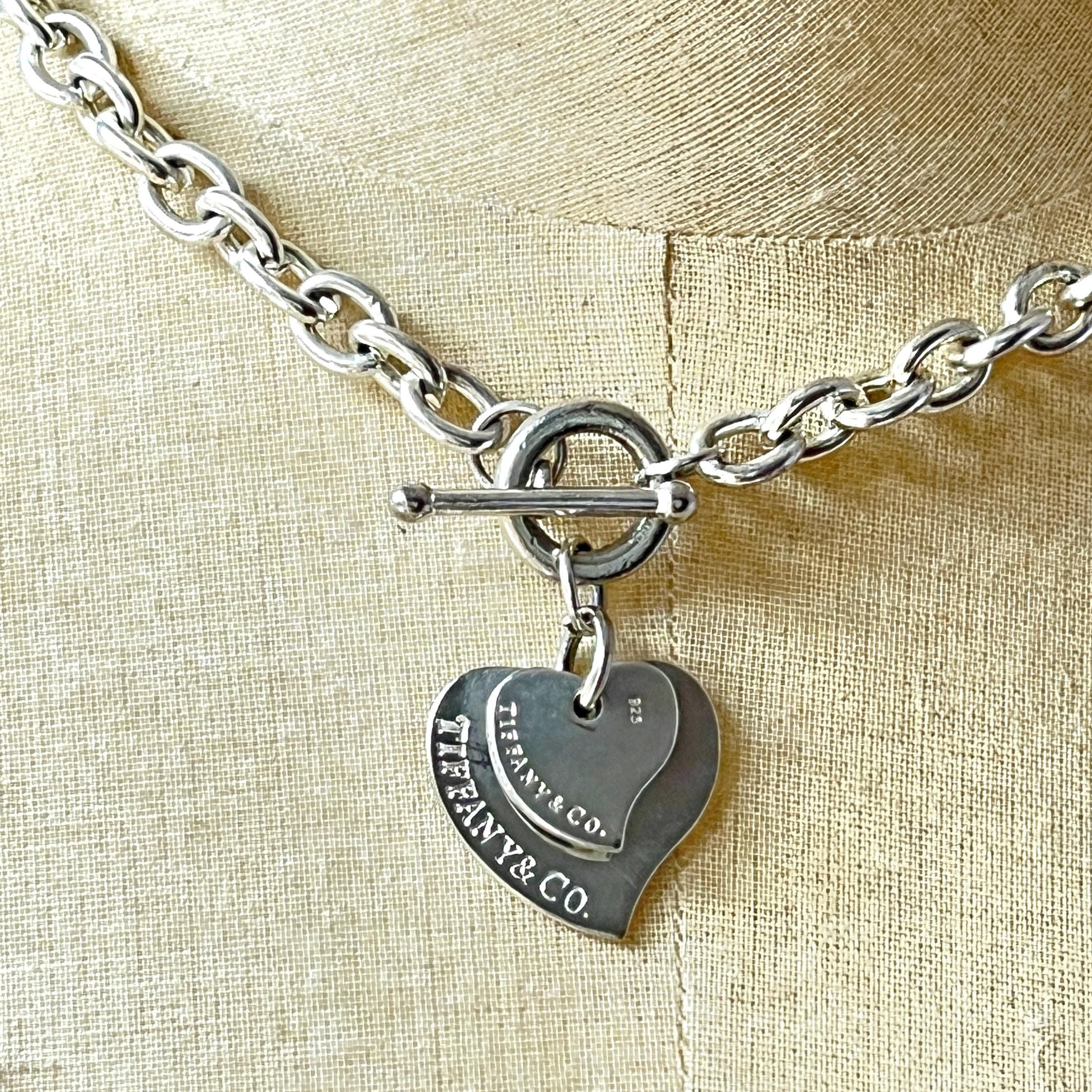 Vintage Tiffany Sterling Silver Double Heart Thick Chain Choker