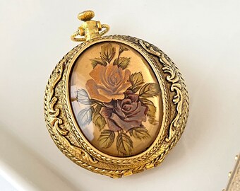 Vintage Max Factor Compact Pink Roses Powder Pocket Watch 1960s Excellent