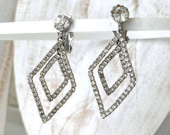 Vintage lange strass-clipoorbellen in ruitvorm