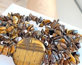 Bracciale Elastico Fatto A Mano In Pietra Naturale Occhio Di Tigre, Frammenti Giallo E Marrone, Lungh. 18 Cm, Regalo In Sacchetto Organza