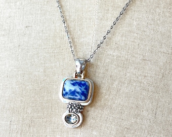 Vintage Blue Mottled Stone Amulet Style Necklace