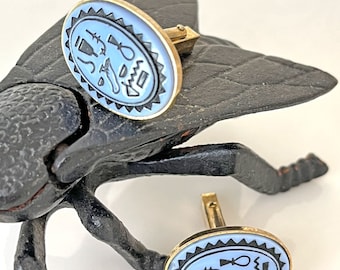 Vintage Egyptian Revival Hieroglyphics Cufflinks Oval Unusual