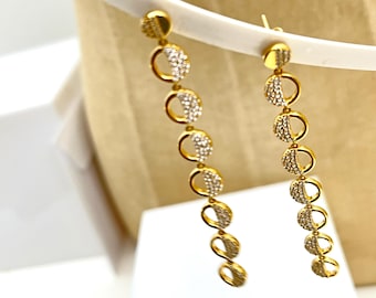 Vintage Gold Celestial Moon Phase Drop Earrings, 18KT Gold Over Sterling