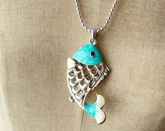 Large Vintage Fish Aqua Enamel Silver Tone Necklace