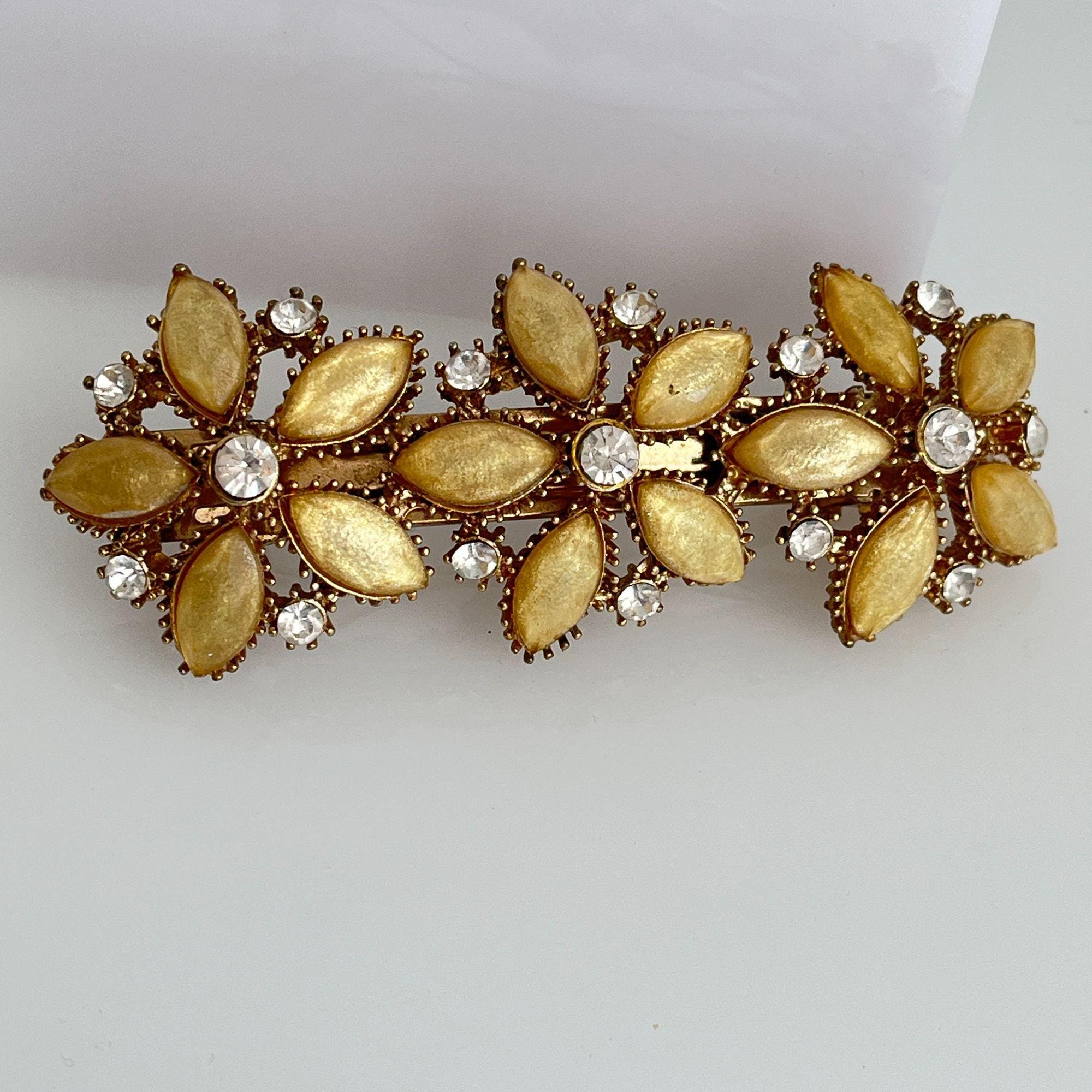 Vintage Barrette Gold Tone Rhinestone Large Floral French  display picture 2