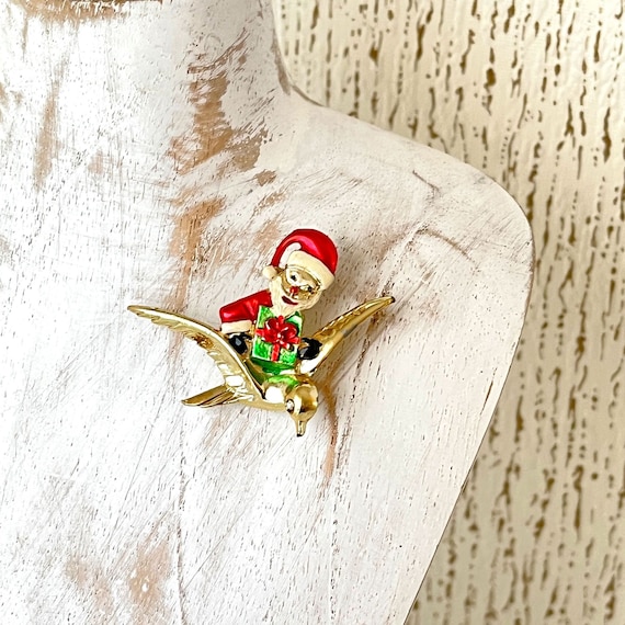 Vintage Enamel Gold Tone Santa Bird Brooch Pin - image 2