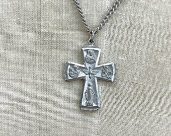 Vintage Silver Tone Catholic Call a Priest Cross Necklace