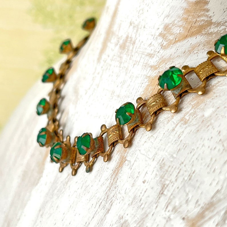 Delicate Antique Gold Tone Victorian Emerald Rhinestone Collar Necklace 1910s image 1