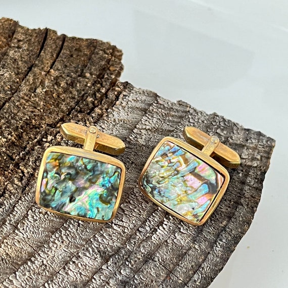 Vintage Abalone Gold Tone Cufflinks 1940s 1950s