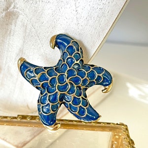 Vintage Blue Enamel Starfish Brooch Pin Large 1970s 1980s