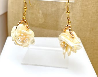 Vintage Carved Mother of Pearl Shell Flower Drop Earrings
