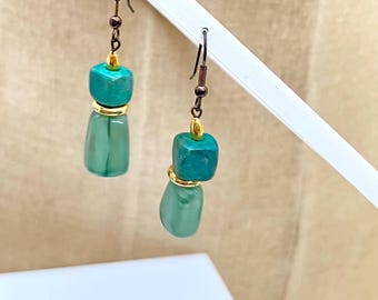 Artisan Made Teal Stone and Sea Green Glass Bead Drop Earrings