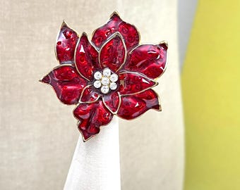 Vintage Red Poinsettia Enamel and Rhinestone Christmas Pin Brooch