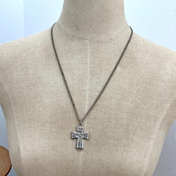 Vintage Silver Tone Catholic Call a Priest Cross Necklace View 2