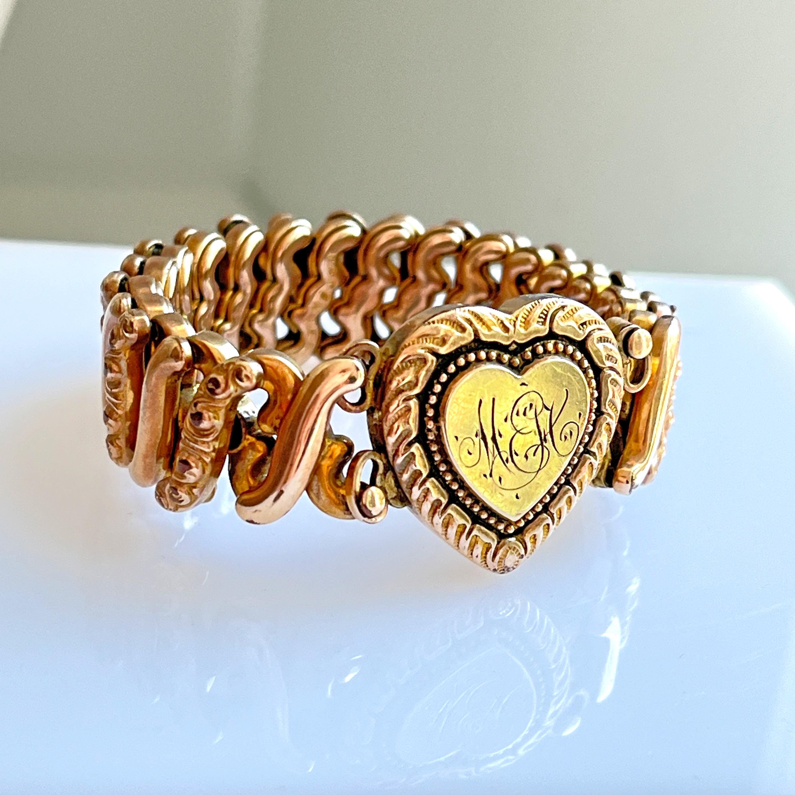 Antique Sweetheart Expansion Bracelet Heart Engraved Gold Plated