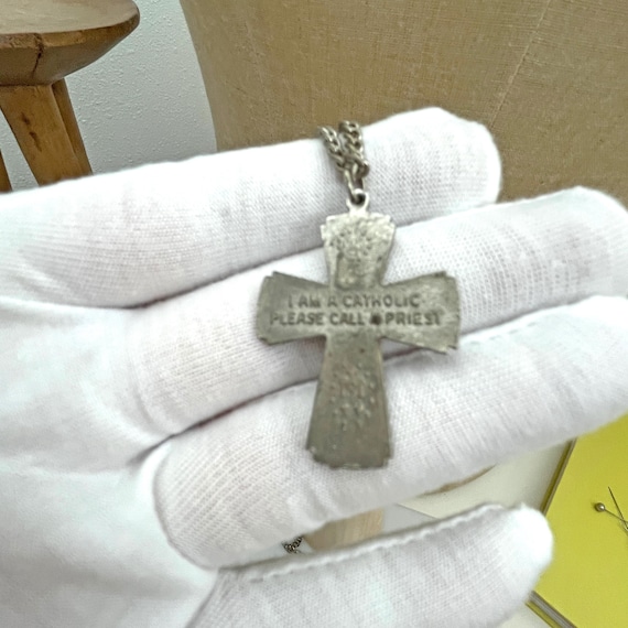 Vintage Silver Tone Catholic Call a Priest Cross Necklace View 4