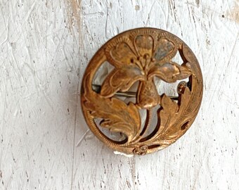 Broche Art Déco Décor Peint Fleurs Pensées - Laiton Multicolore, Occasion, Style Années 1920-30, Bijou Vintage