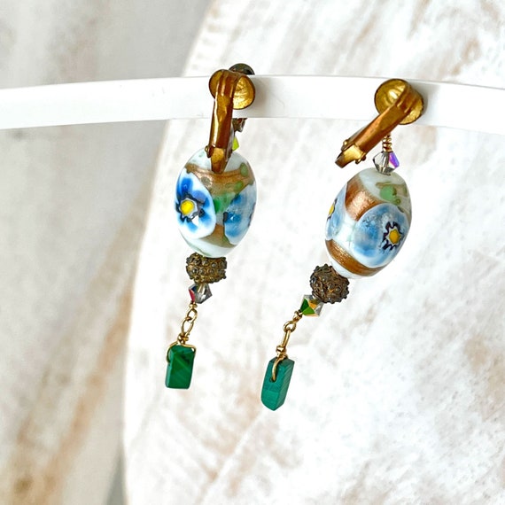 Vintage Art Glass Bead Earrings Blue Green Floral… - image 4