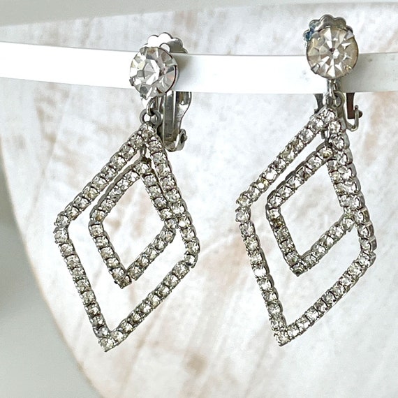 Vintage Large Diamond Shape Dangle Rhinestone Cli… - image 1