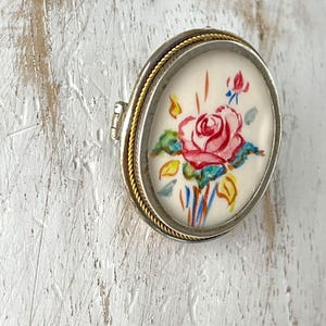 Antique Locket Silver Picture Watercolor Painting Brooch Pendant Necklace 1920s