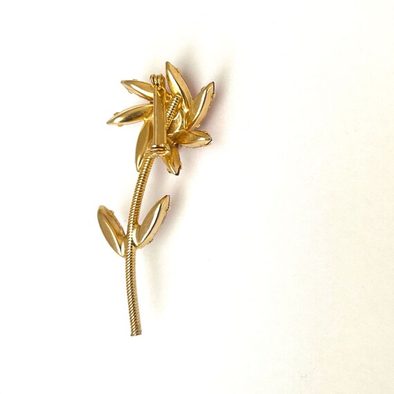 Vintage Pink Red Flower Stem Gold Tone Brooch Pin - image 2