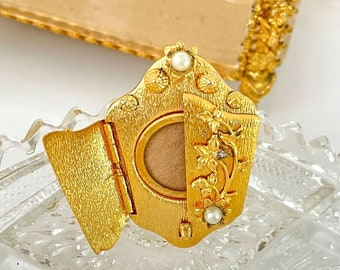 Vintage Locket Brooch Necklace Ornate Picture Frame Victorian Revival 1960s