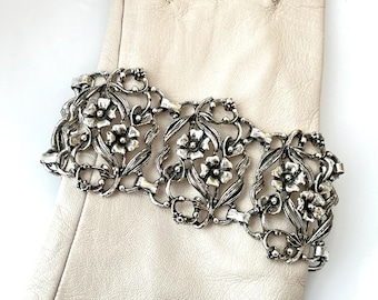 Vintage Ornate Thick Floral 1940s 1950s Victorian Revival Bracelet Antique Silver Tone