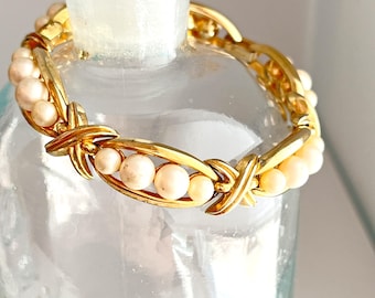 Vintage Crown Trifari Faux Pearl X Link Gold Bracelet  1950s 1960s