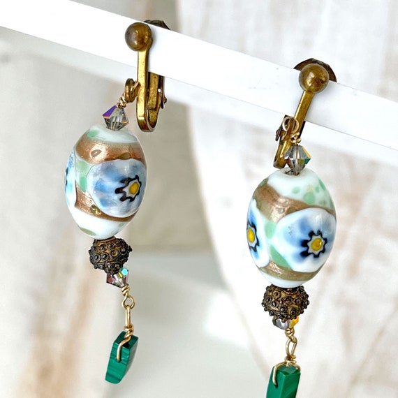 Vintage Art Glass Bead Earrings Blue Green Floral… - image 1