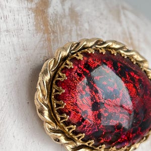 Unusual Glass Large Red Pink Cabochon Brooch Pin 1960s