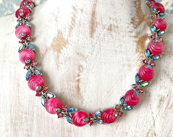Vintage Trifari rosa Glas Strass Choker Halskette, 1950er Jahre