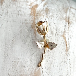 Vintage Mixed Metals Silver Gold Tone Stem Rose Brooch Pin