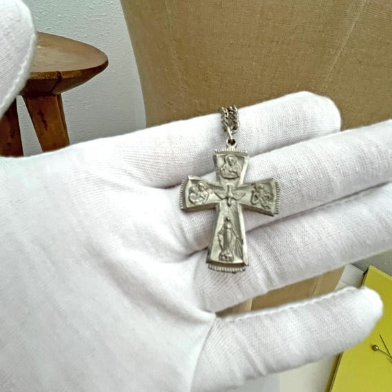 Vintage Silver Tone Catholic Call a Priest Cross Necklace View 3
