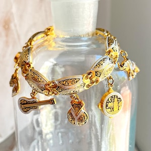 Bracelet à breloques Toledo vintage plaqué or damas Espagne