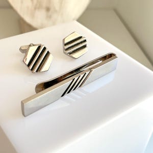 Vintage Swank Machine Age Polished Silver Tone Chunky Cufflink Tie Bar Set