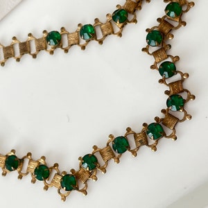 Delicate Antique Gold Tone Victorian Emerald Rhinestone Collar Necklace 1910s image 9