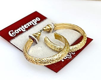 Contempo Textured Gold Tone Hoop Earrings – Vintage 1970s/1980s Style