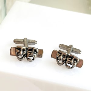 Vintage Tragedy Comedy Theater Theme Silver Tone Mask Cufflinks 1940s