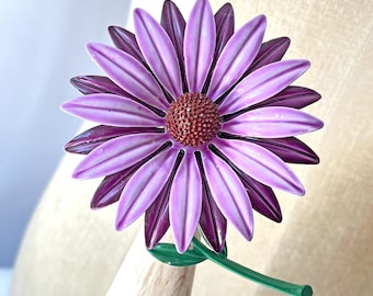 Extra Large Purple Lavender Stemmed Metal Flower Brooch -- 1960s Mod Flower Power Pin