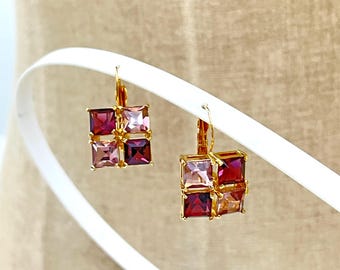 Vintage Purple Lavender Checkerboard Square Crystal Earrings 1980s