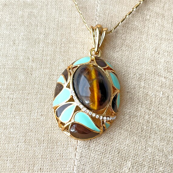 Unusual Vintage Tigers Eye Stone with Turquoise Blue Brown Enamel Detail Necklace 1970s