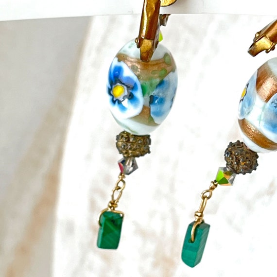 Vintage Art Glass Bead Earrings Blue Green Floral… - image 6
