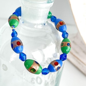 Vintage Antique Blue Green Gold Glass Bead Bracelet Small Wrist